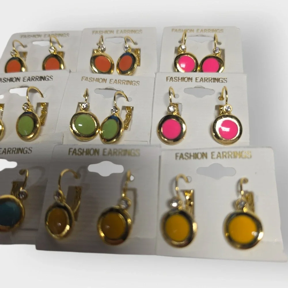 Lot of‎ 12 NEW VINTAGE Colorful Drop Earrings Gold Tone Round Korean Leverback